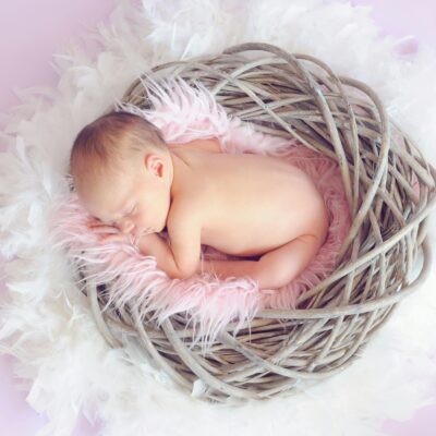 Baby Sleeping in a Basket and a Round Feather Surrounding the Basket